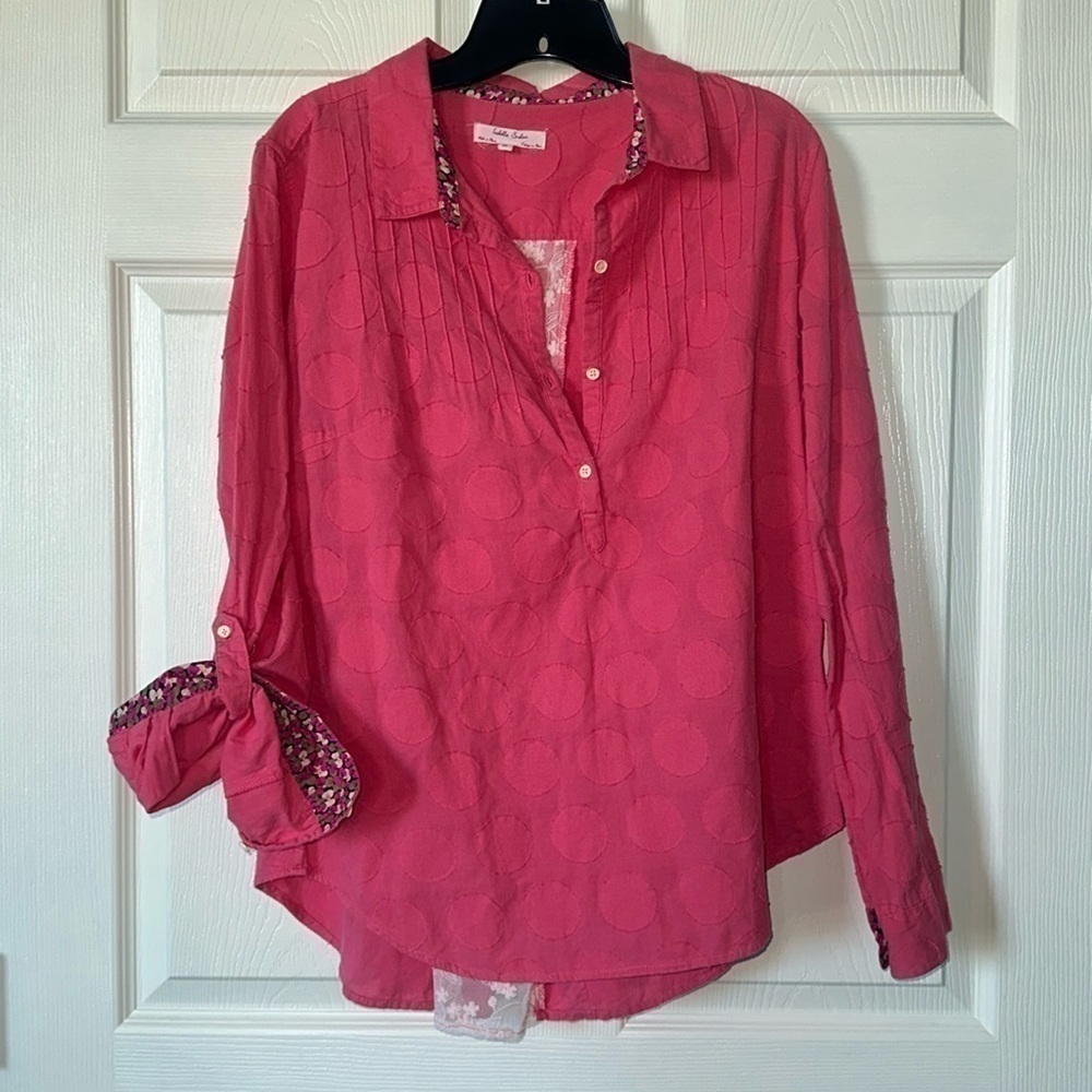 Isabella Sinclair Roll Sleeve Blouse Lace Insert Back Shirt Size Medium Pink